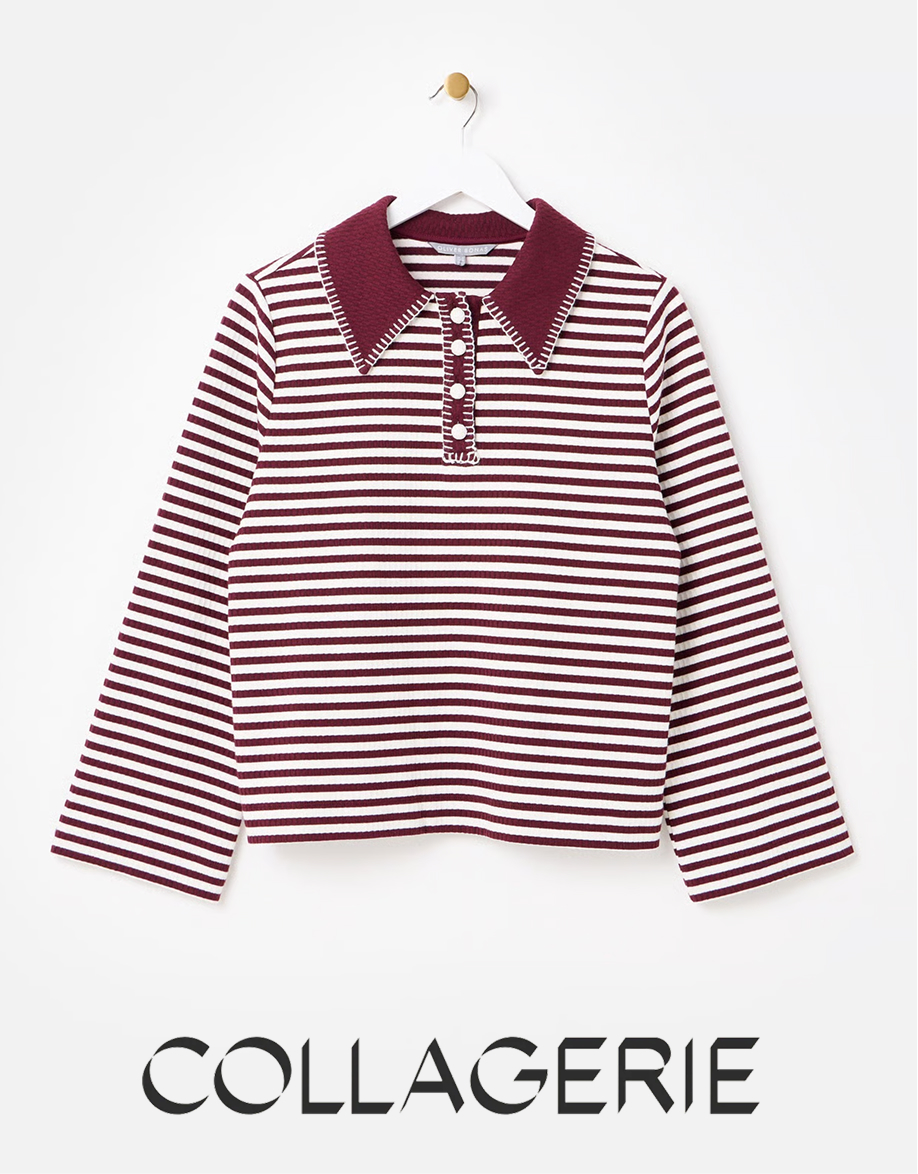 Plum & White Striped Long Sleeve Polo Neck Top
